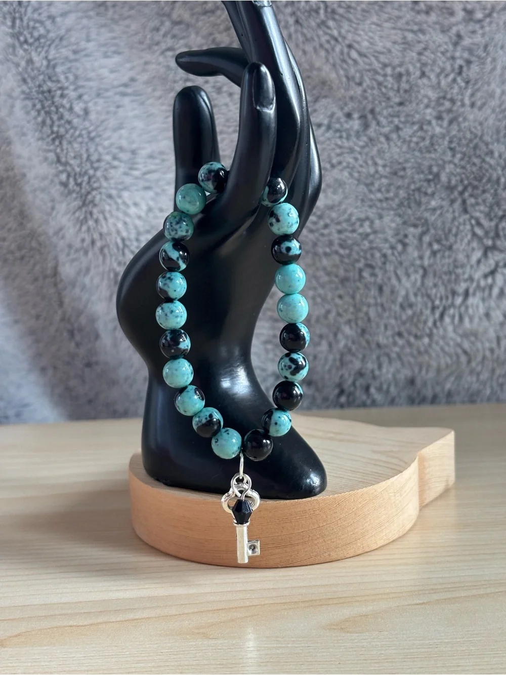 Blue & Black Jasper Beaded Bracelet with Key Charm